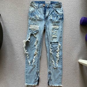 Ripped high waisted light wash jean